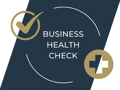 Business Health Check نوشته شده و در گوشه سمت بالا راست علامت تیک و پایین سمت چپ علامت سلامتی یعتی صلیب وسط دایره